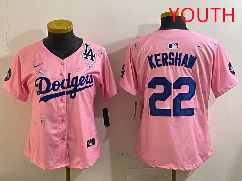 Youth Los Angeles Dodgers #22 Kershaw Pink White Blue Sakura Edition 2025 Nike MLB Jersey style 9->youth mlb jersey->Youth Jersey